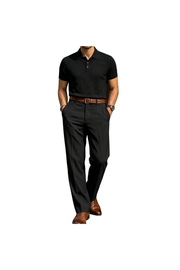 Mens 2 Piece Set Short Sleeve Collared Golf Shirts and Dress Pants Outfits Solid Color Business Casual Set