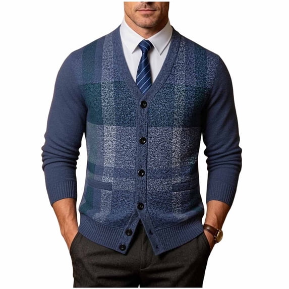 StSilkitty Mens Cardigan Sweater Plaid Long Sleeve V Neck Button down Cardigans Jacket Sweaters with Pockets