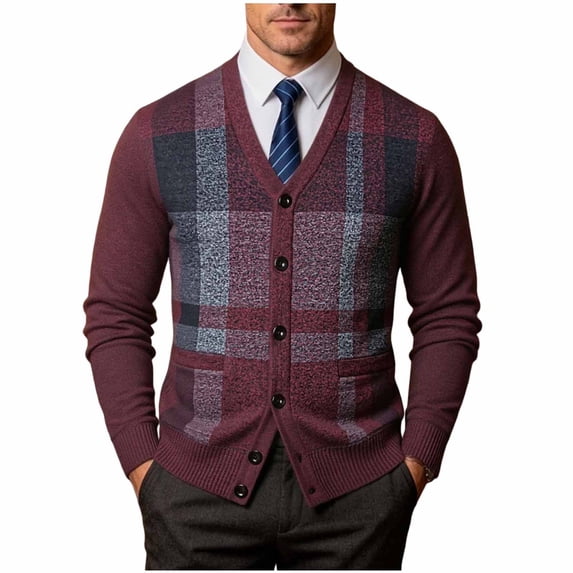 StSilkitty Mens Cardigan Sweater Plaid Long Sleeve V Neck Button down Cardigans Jacket Sweaters with Pockets