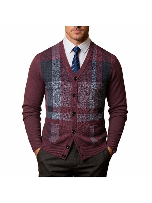 Mens Cardigan Sweater Plaid Long Sleeve V Neck Button down Cardigans Jacket Sweaters with Pockets