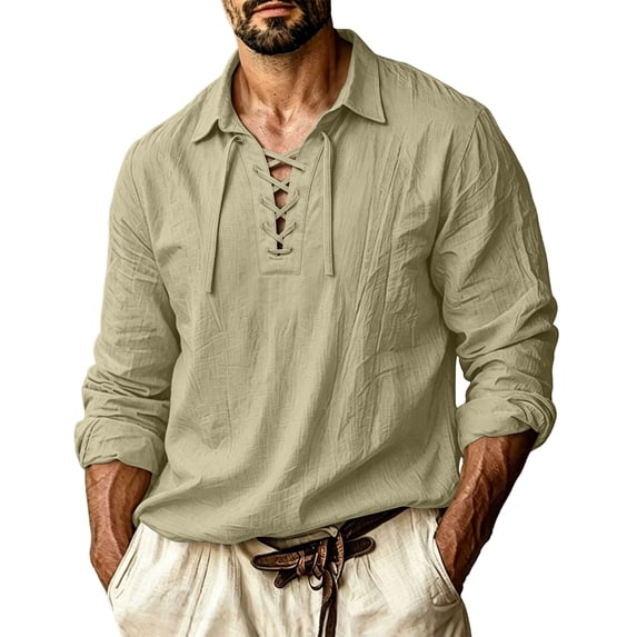 StSilkitty Mens Linen Shirts Long Sleeve Lace up Collared Dress T-Shirts Lightweight Comfy Breathable Pullover Tops