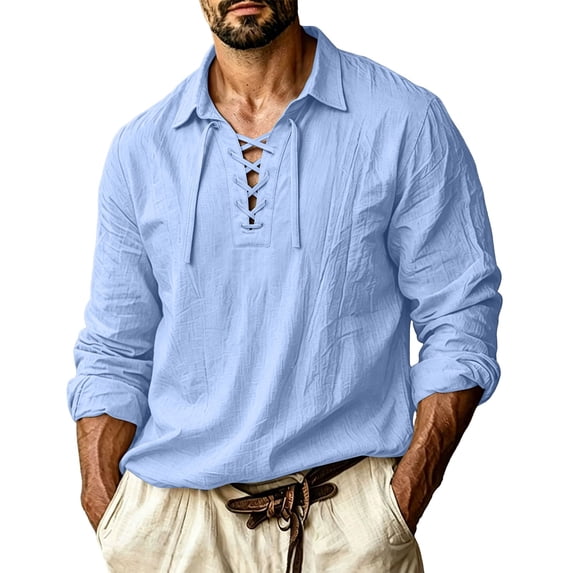 StSilkitty Mens Linen Shirts Long Sleeve Lace up Collared Dress T-Shirts Lightweight Comfy Breathable Pullover Tops