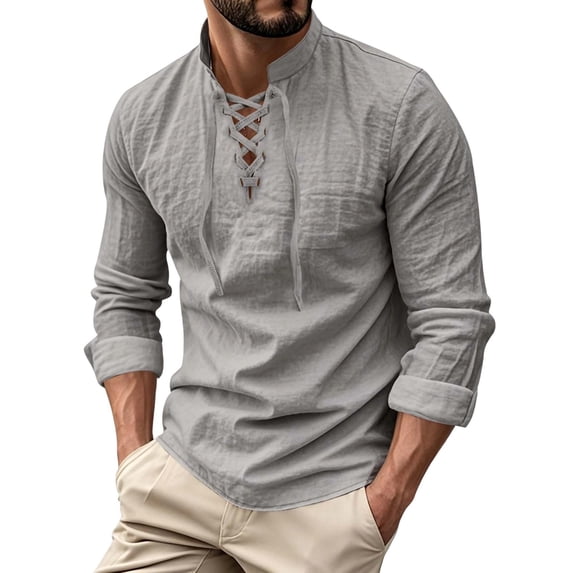 StSilkitty Mens Long Sleeve Shirts Linen Lace up V Neck T-Shirts Solid Color Lightweight Casual Pullover Tops