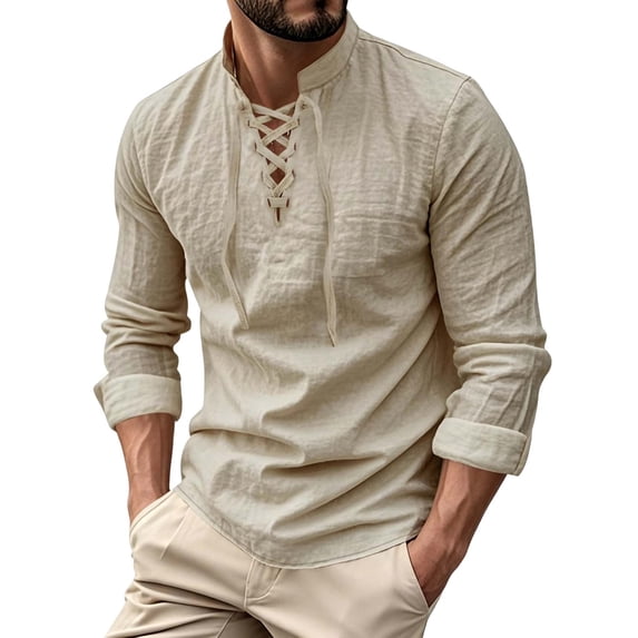 StSilkitty Mens Long Sleeve Shirts Linen Lace up V Neck T-Shirts Solid Color Lightweight Casual Pullover Tops