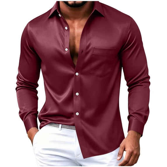 StSilkitty Mens Long Sleeve Shirts Satin Collared Button down Shirt with Pocket Solid Color Lightweight Casual Tops