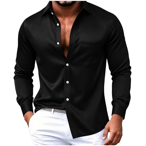 StSilkitty Mens Long Sleeve Shirts Satin Collared Button down Shirt with Pocket Solid Color Lightweight Casual Tops