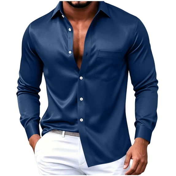 StSilkitty Mens Long Sleeve Shirts Satin Collared Button down Shirt with Pocket Solid Color Lightweight Casual Tops