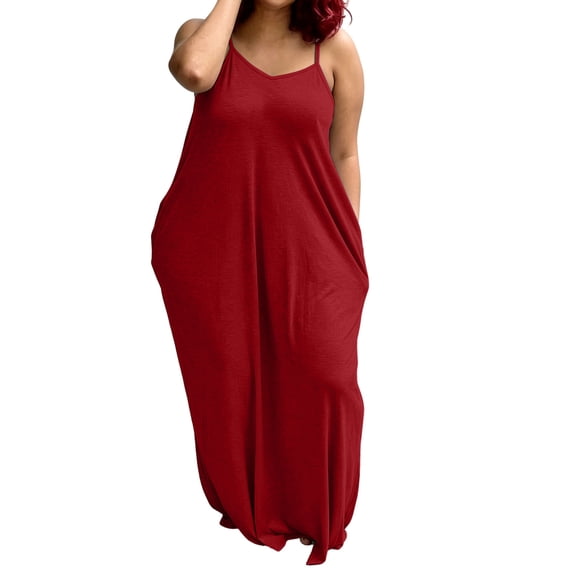 StSilkitty Plus Size Maxi Dresses for Womens Solid Color Adjustable Spaghetti Strap Sleeveless V Neck Long Sundresses