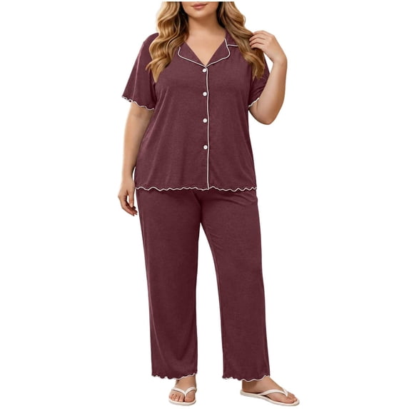 StSilkitty Plus Size Pajama 2 Piece Set for Women Short Sleeve Collared Button down Shirts and Pants Loungewear Sets