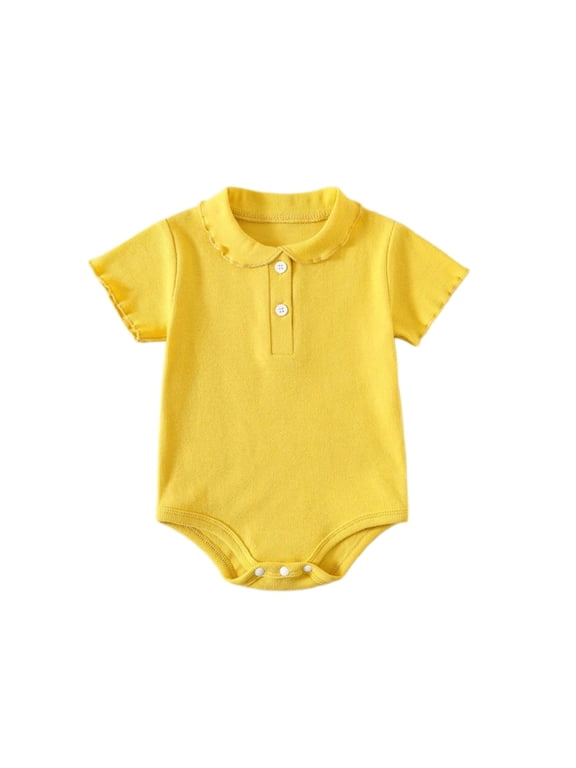 Romper for Infant Boy Girl Solid Color Short Sleeve Collared Button Jumpsuit Lightweight Soft Bodysuit