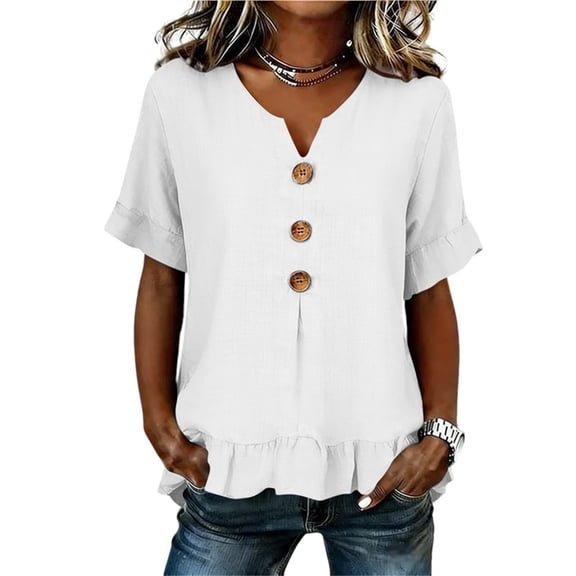 StSilkitty Ruffle Hem Shirts for Womens Cotton Linen Short Sleeve V Neck Buttons Blouses Lightweight Soft Comfy Tops