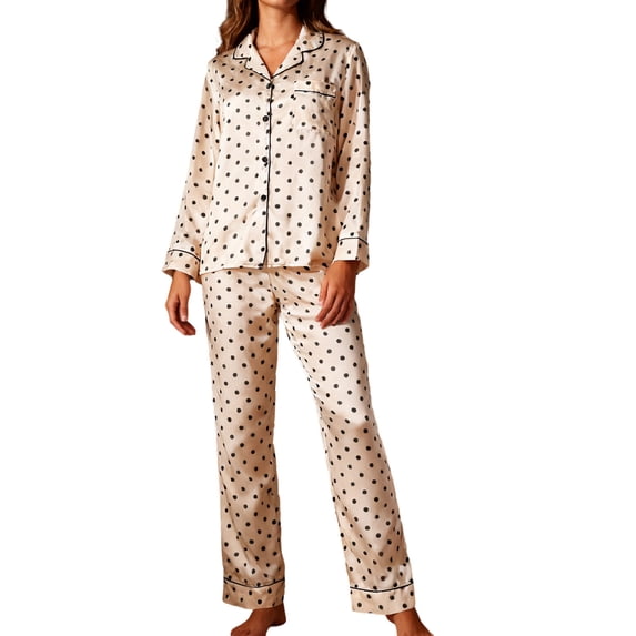 StSilkitty Satin Lounge Sets for Women Polka Dot Long Sleeve Collared Button down Shirts and Pants Pajama 2 Piece Set with Pocket