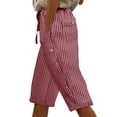 thumbnail image 1 of StSilkitty Striped Capris for Womens High Waist Elastic Drawstring Side Buttons Cropped Pants with Pockets, 1 of 8