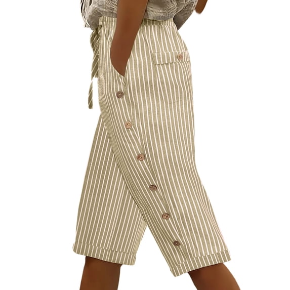 StSilkitty Striped Capris for Womens High Waist Elastic Drawstring Side Buttons Cropped Pants with Pockets