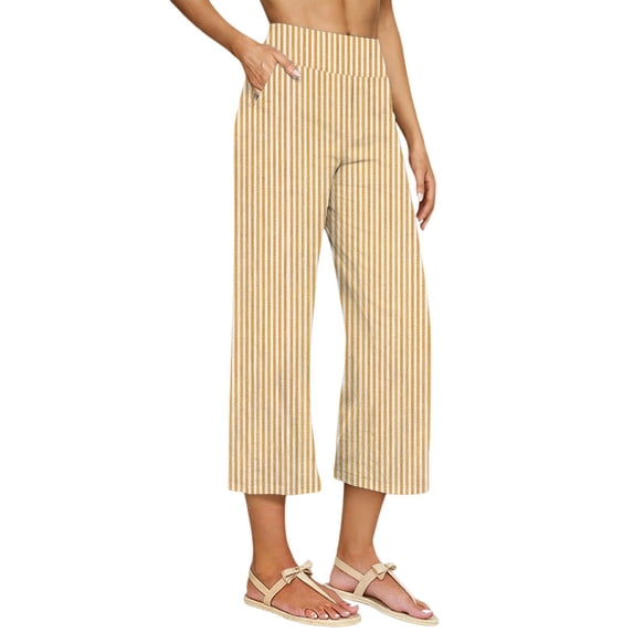 StSilkitty Striped Casual Capris for Womens High Waist Elastic Wide Leg Capri Pants Beach Vacation Cropped Trousers with Pockets
