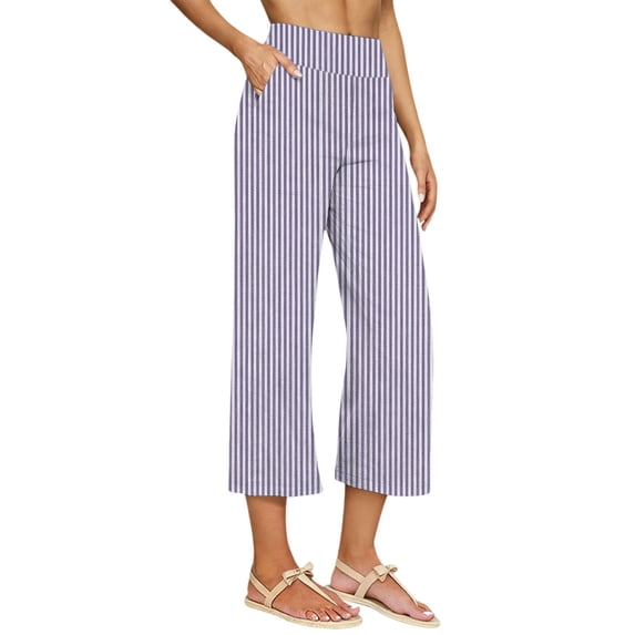StSilkitty Striped Casual Capris for Womens High Waist Elastic Wide Leg Capri Pants Beach Vacation Cropped Trousers with Pockets