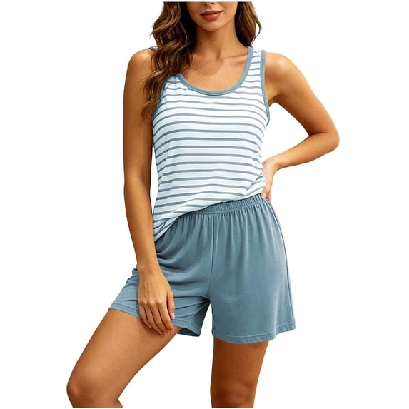 StSilkitty Women's Pajama Sets 2 Piece Striped Sleeveless Crewneck Tank Tops and Shorts Pj Set Lightweight Casual Loungewear