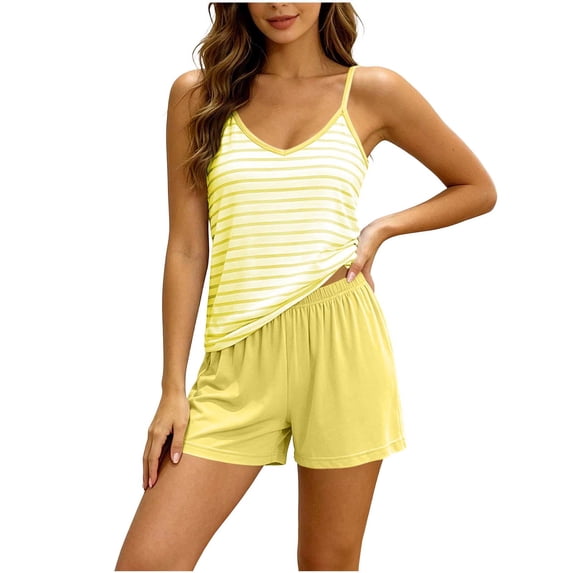 StSilkitty Women's Pajama Sets 2 Piece Striped Sleeveless Spaghetti Strap Cami Tops and Shorts Sleepwear Set Ladies Sleepwear Outfits