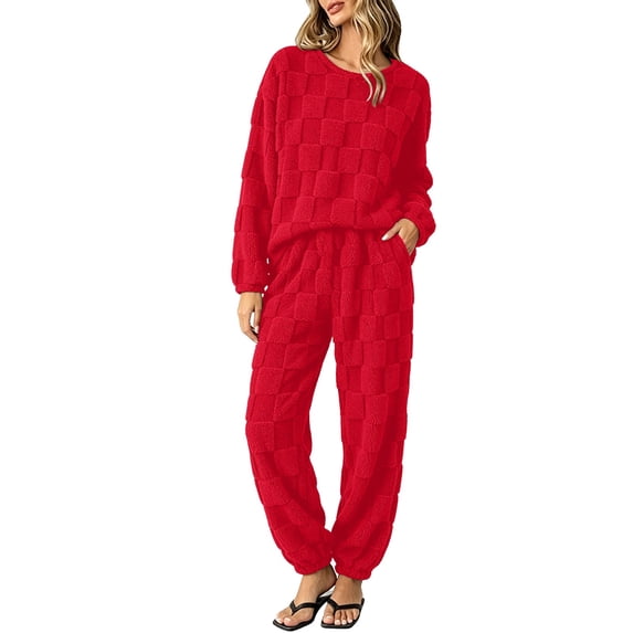 StSilkitty Women's Pajama Sets 2 Piece Winter Fleece Warm Long Sleeve Crewneck Cable Tops and Joggers Sleepwear Set