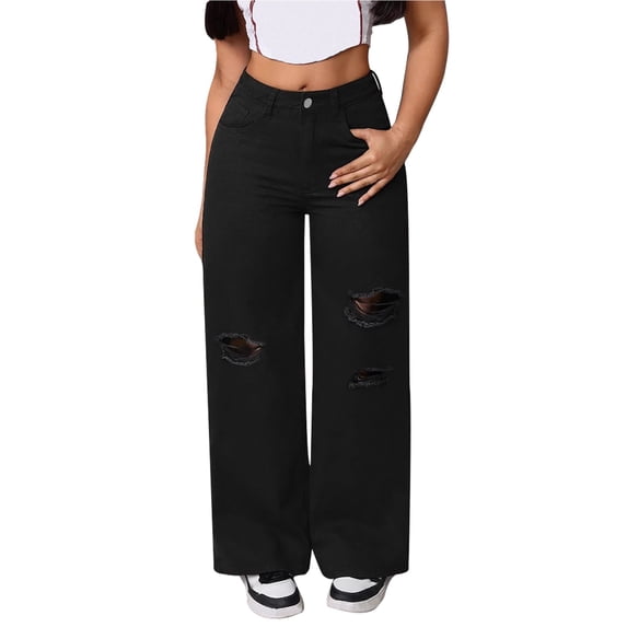 StSilkitty Women's Ripped Jeans Summer High Waist Stretch Wide Leg Denim Pants Soft Comfy Palazzo Trousers with Pockets