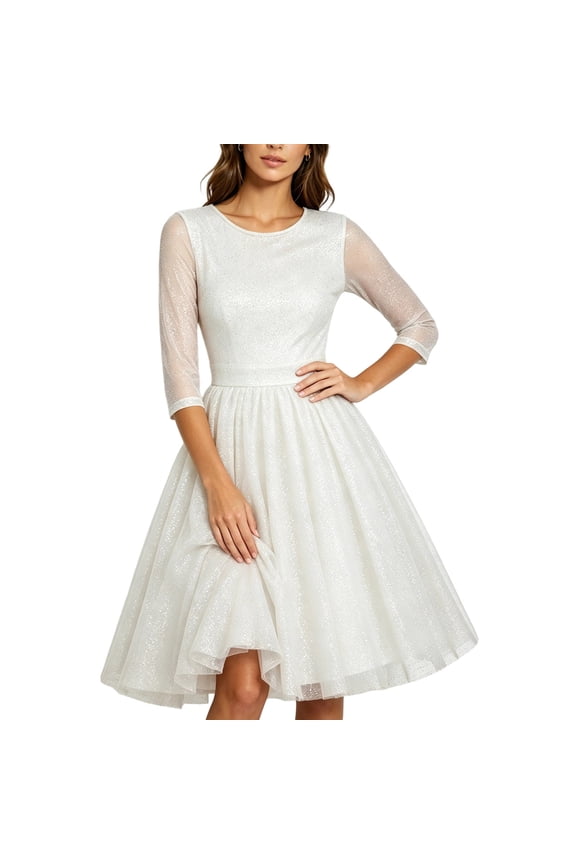 Women's Sequin 3/4 Sleeve Cocktail Dresses Crewneck A-Line Midi Dresses Solid Color Lightweight Wedding Guest Dress