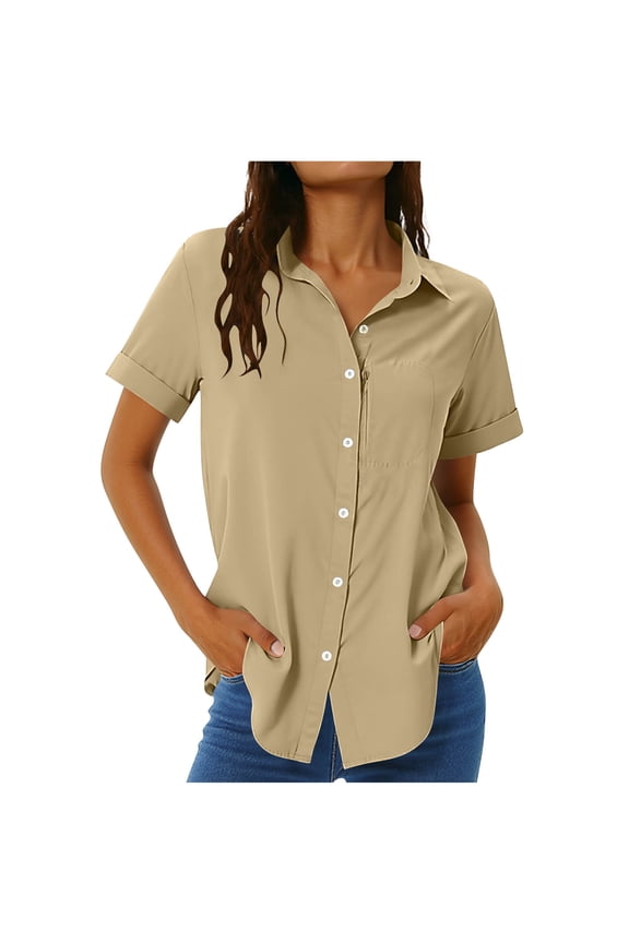 Womens Casual Shirts Short Sleeve Collared Button down Blouses with Pockets Quick Dry Sun Protection Tops