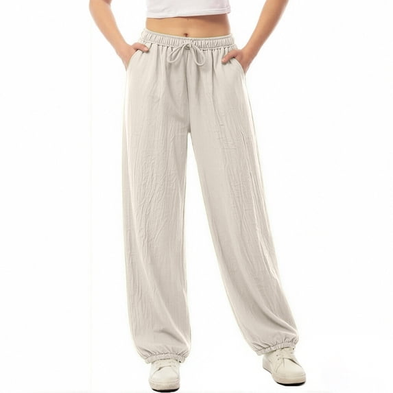 StSilkitty Womens Cotton Sweatpants Summer High Waist Elastic Drawstring Joggers Lightweight Soft Tapered Trousers