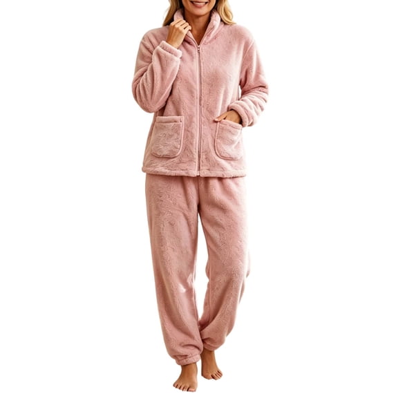 StSilkitty Womens Fleece Pajama 2 Piece Sets Winter Long Sleeve Full Zip Stand Collar Coat and Pants Loungewear Set with Pockets