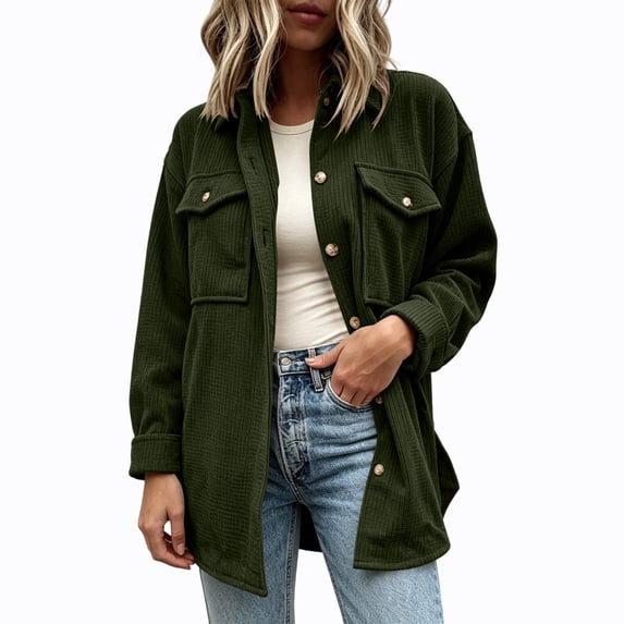 StSilkitty Womens Long Sleeve Shacket Solid Color Collared Button down Shirt Jacket with Pockets Fall Winter Outerwear