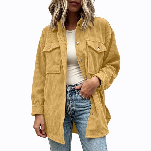 StSilkitty Womens Long Sleeve Shacket Solid Color Collared Button down Shirt Jacket with Pockets Fall Winter Outerwear