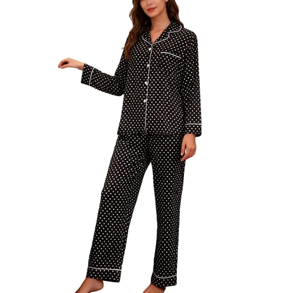 StSilkitty Womens Satin Pajama Sets 2 Piece Polka Dot Long Sleeve Collared Button down Shirts and Pants Loungewear Set with Pocket