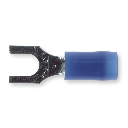 Fork Terminal, #8 Stud Size, 14 AWG, 600 V, Nylon Insulated, Blue, Crimp Termination Only, 100 PK