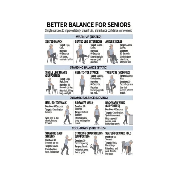 Stability Exercises Chart Balance Training Guide Home Workout Reference Poster for Home Gym and Office Wall Decor
