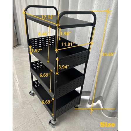 Stable 4 Tier Rolling Metal Storage Organizer, Heavy Duty Kitchen Rolling Cart, Metal Top Vegetable Storage Cart with Wheels for Kitchen Pantry Utility Use (Black)