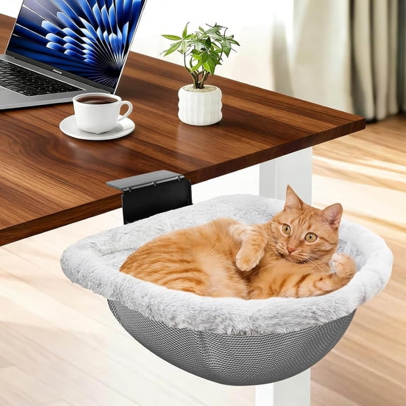 Stable Cat Desk Bed with Heavy-Duty Clamp | Sunken Hammock Design & Faux Rabbit Fur for Comfort, Removable & Washable Bed, Holds Up to 40lbs, Space Saving Cat Perch for Home Office