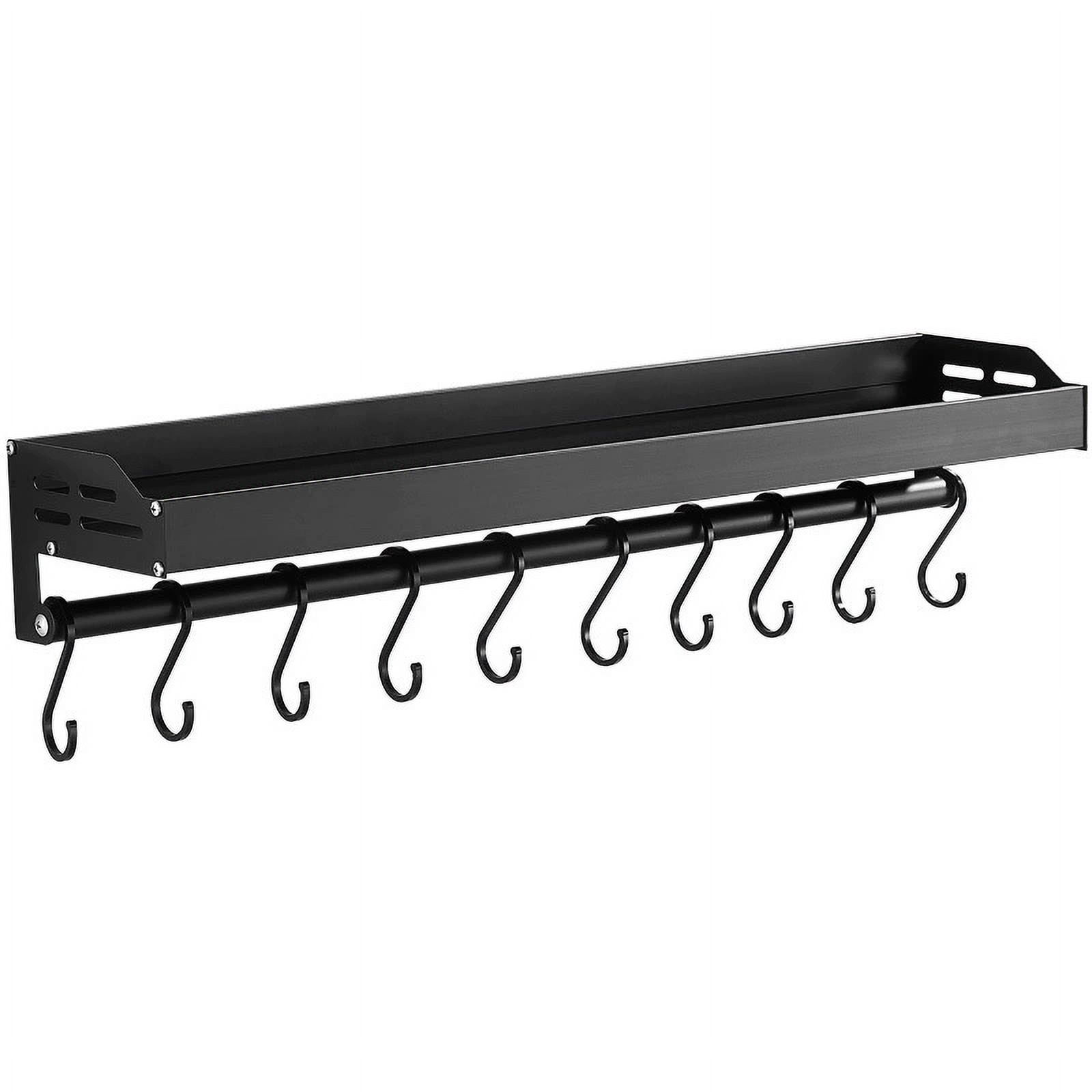 Stable & Firm Magnetic Shelf For Kitchen, Space-Saving Wall-Mounted Pan Holder, Durable Construction With Removable Hooks, Perfect For Above Stove Or Cabinet Area, Black (40Cm)