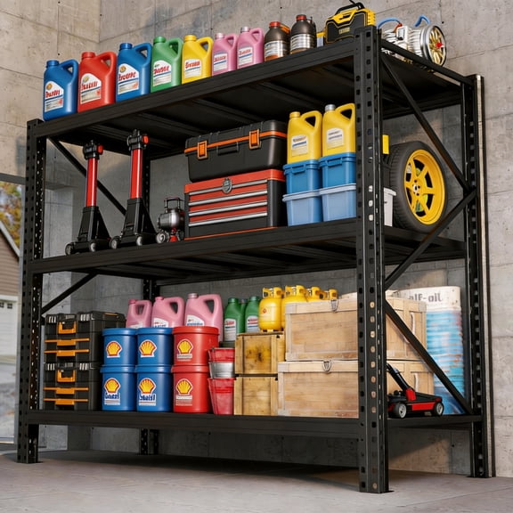 Stable Frame Garage Shelving, 4500LBS Heavy Load Steel Storage Shelves, Reinforced Industrial Rack for Hardware and Mechanical Parts, Black, 67"W x 20"D x 63"H, 3 Tier