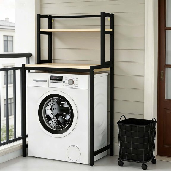 Stable Laundry Storage Shelf Over Washer, Metal Frame with Wood Tabletop, Safe for Family and Kids
