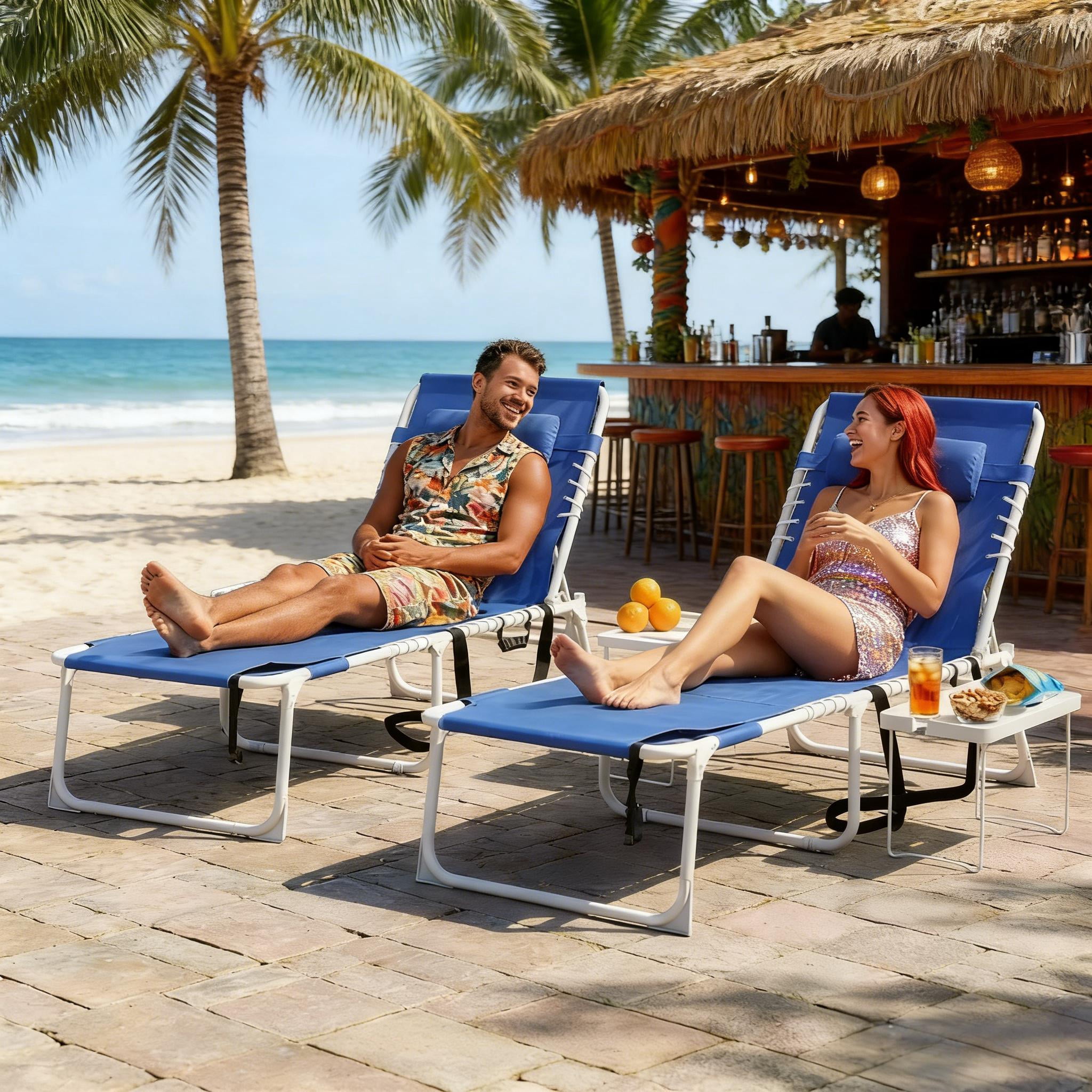 Stable Pool Lounge Chairs Set of 2 Tanning Chairs with Folding Side Tables Face Arm Holes 5 Position Adjustable Backrest Breathable Mesh Carry Strap Outdoor Patio Beach Loungers