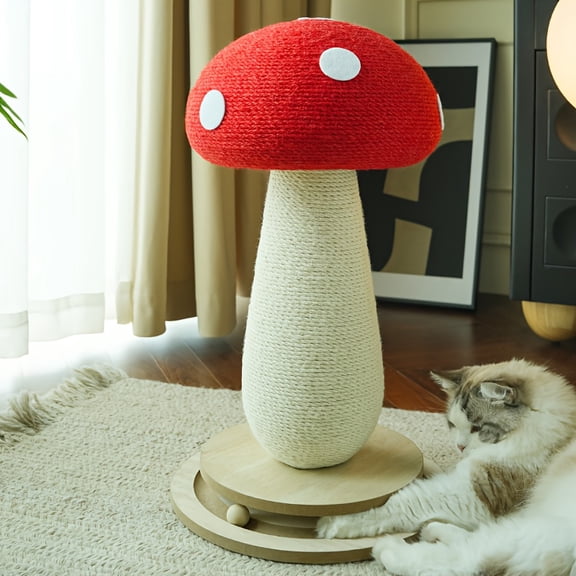 Stable Sisal Scratching Post with Interactive Ball Lane Toy, Designed in a Red and White Polka Dot Mushroom Shape for Indoor Cats and Kittens to Climb, Scratch, and Play