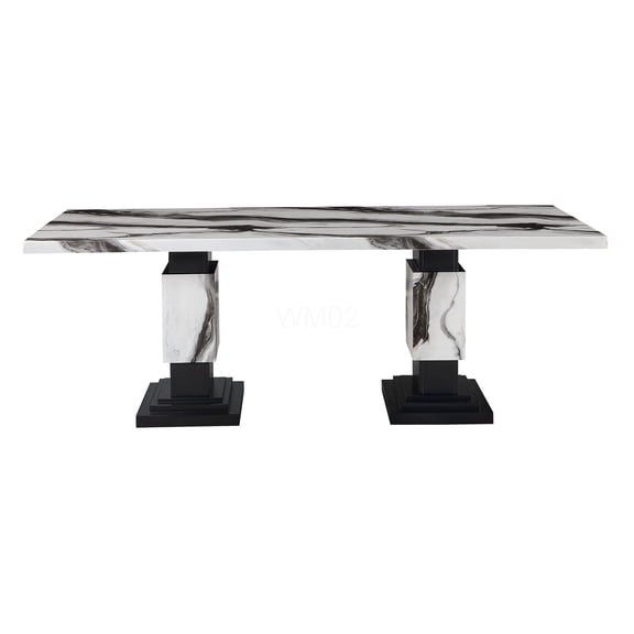 Stacey Zebra Print Dining Table for 6, Modern Faux Marble Rubberwood Rectangular Table with Pedestal Base
