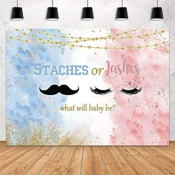 Staches or Lashes Gender Reveal Cute Backdrop Pink or Blue Mustaches or Lashes Watercolor Photography Background Boy or Girl He or She Gender Reveal Party Decorations Cake Table Banner
