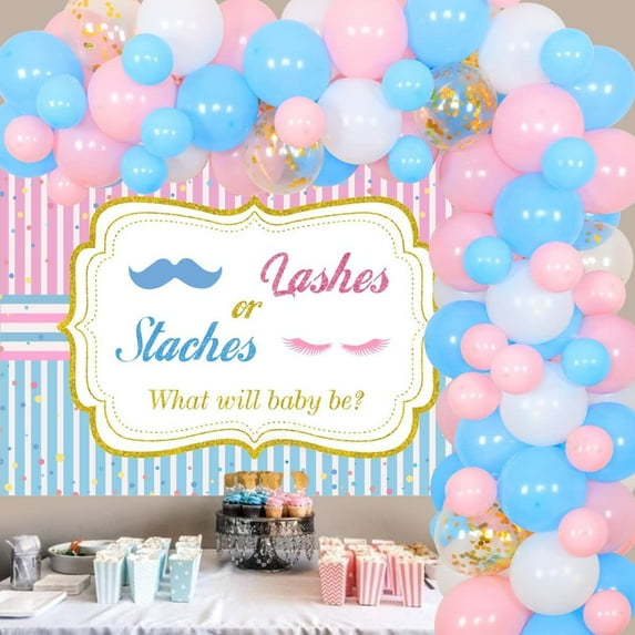 Staches or Lashes Gender Reveal Party Decorations, Pink Blue Backdrop Balloon Garland Kit Staches or Lashes Backdrop, for Newborn Baby Shower Party Decorations Supplies