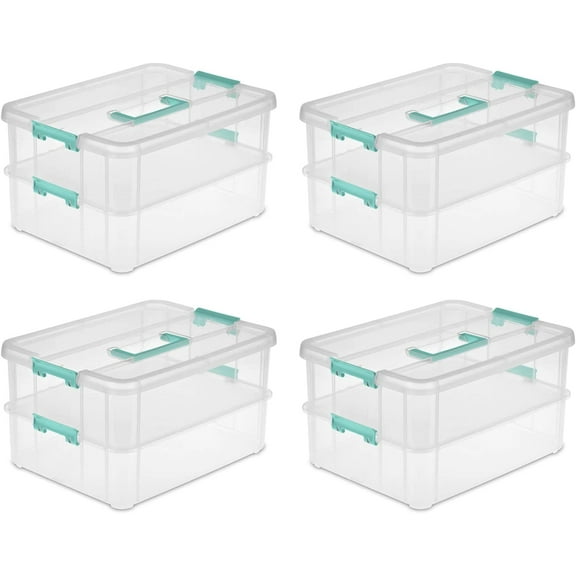 Stack and Carry 2 Layer Handle Box  Stackable Plastic Small  Container with Latching Lid  Bin to  Crafts  Clear  4-Pack
