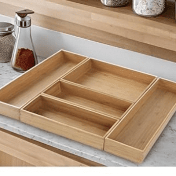 Stack Bamboo Drawer Organizer Set of 5, Kitchen Utensil, Flatware&Silverware Organizer-Wood Laminated Stackable Drawer Organizer for Kitchen, Bedroom, Living Room Storage Box