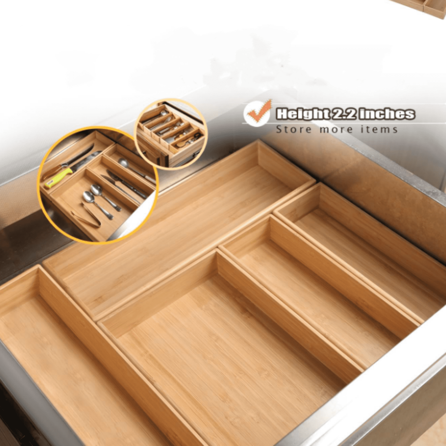 Stack Bamboo Drawer Organizer Set of 5, Kitchen Utensil, Flatware&Silverware Organizer-Wood Laminated Stackable for Kitchen, Bedroom, 13.4''x4.5''*2+10.2''x3.3''*2+10.2''x6.7''*1