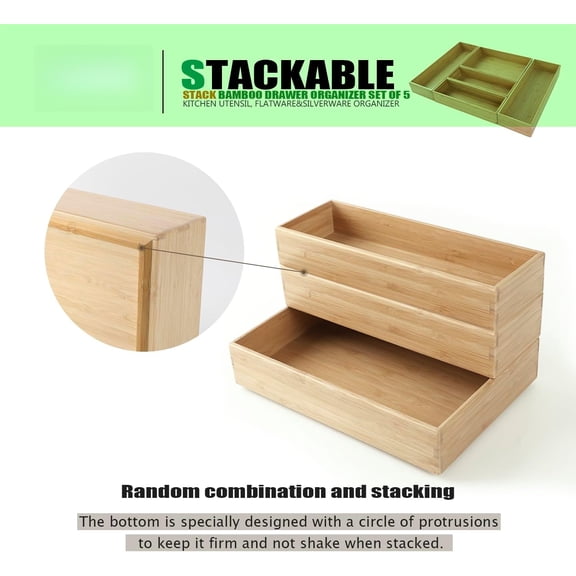 Stack Bamboo Drawer Organizer Set of 5, Kitchen Utensil, Flatware&Silverware Organizer-Wood Laminated Stackable for Kitchen, Bedroom, 13.4''x4.5''*2+10.2''x3.3''*2+10.2''x6.7''*1