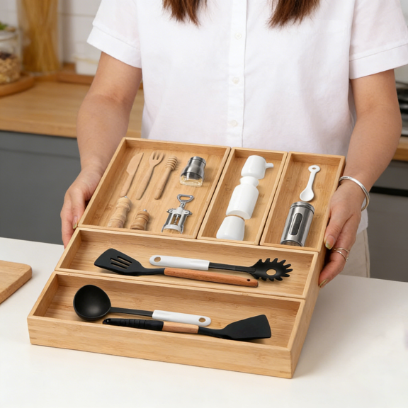 Stack Bamboo Drawer Organizer Set of 5, Kitchen Utensil, Flatware & Silverware Organizer, Wood Laminated Stackable for Kitchen, Bedroom