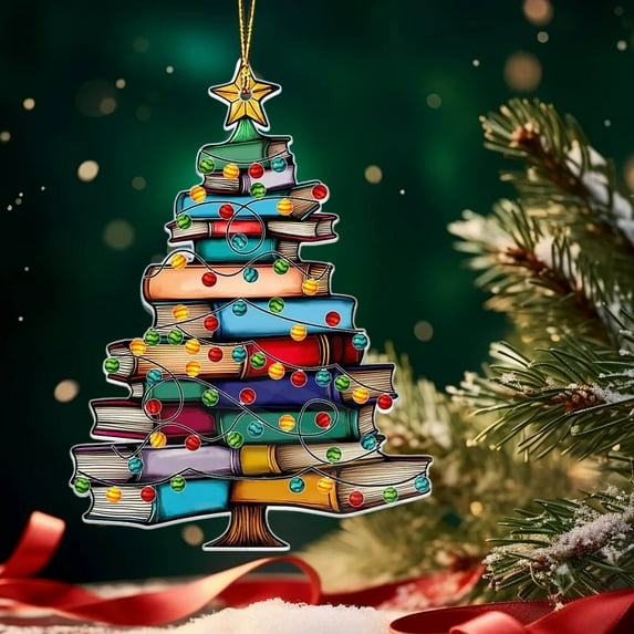 Stack of Books Christmas Ornament 2025, Tree Ornament Bookish Gifts for Book Lovers, Librarians, Reader, Bookworm, Book Club, Acrylic Book Themed Present Ideas for Women (Suncatcher Effect)