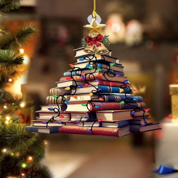 Stack of Books Christmas Ornament 2026, Tree Ornament Bookish Gifts for Book Lovers, Librarians, Reader, Bookworm, 2D Acrylic Book Themed Present Ideas for Women